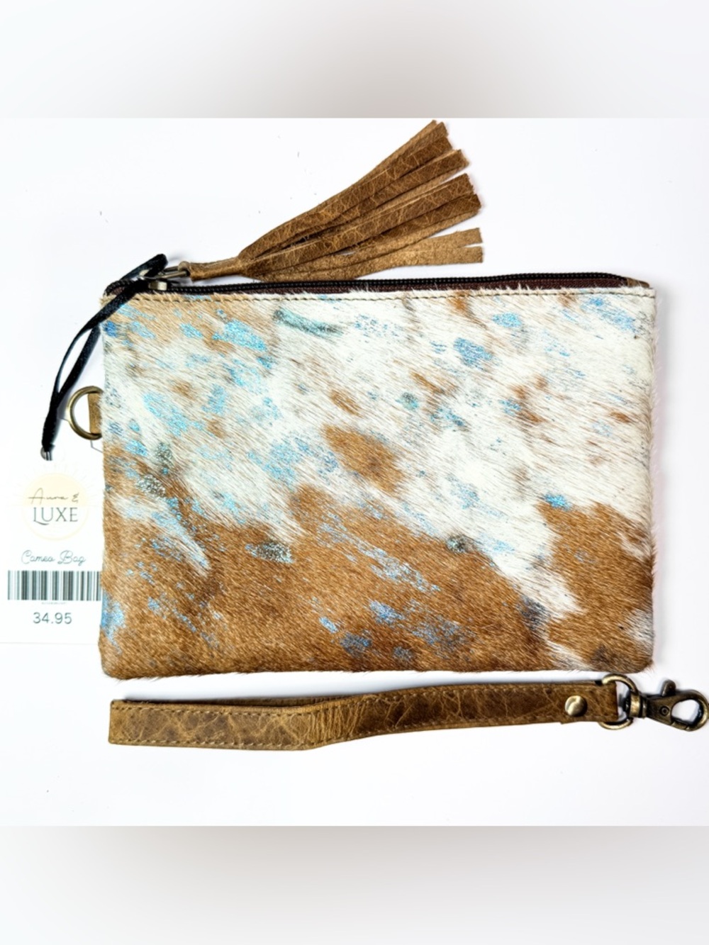 Cowhide Distress Hair On Hide Clutch Blue Metallic Glitter Rustic Distressed 7x5